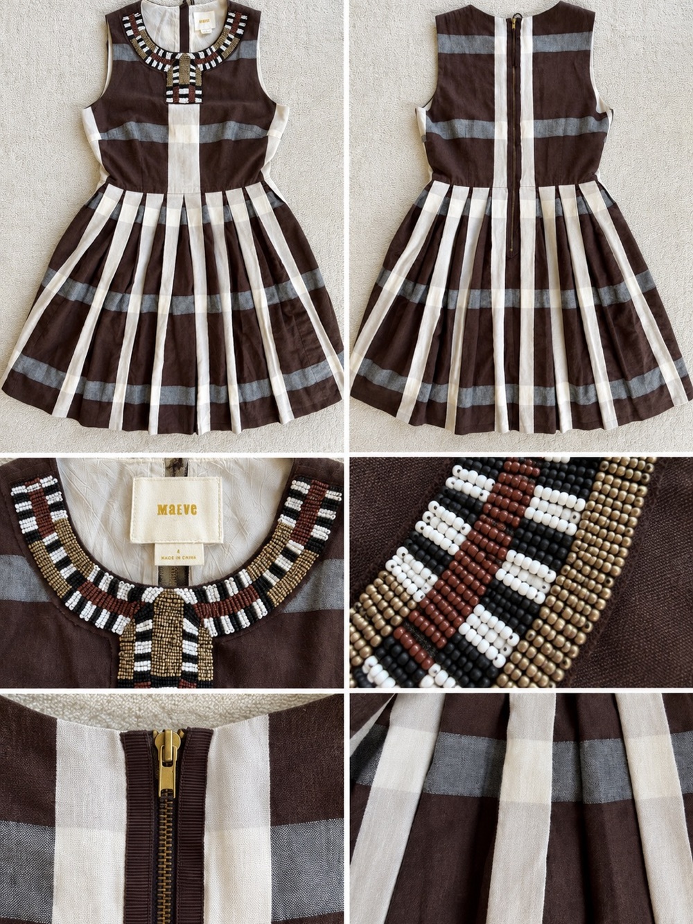 Maeve Brown & Cream Striped Pleated Dress with Beaded Neckline